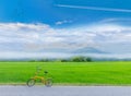 green paddy rice field with the bicycle, the road, the beautiful sky and cloud, Thailand fuji mountain. Royalty Free Stock Photo