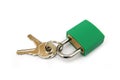 Green padlock, locked, with two keys on white background Royalty Free Stock Photo