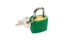 Green padlock, locked, with two keys on white background Royalty Free Stock Photo