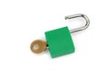 Green padlock, unlocked with key, on white background