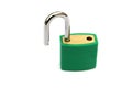 Green padlock, unlocked, on white background