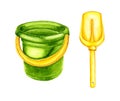 Green pail and yellow scoop watercolor