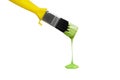 Green paint dripping from the yellow brush, isolated on white. Royalty Free Stock Photo
