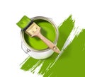 Green paint tin can with brush on top on a white background with Royalty Free Stock Photo