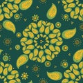Green paisley mandalas seamless vector patterns