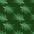 Green palette new year seamless pattern with conifeous twigs silhouettes. Dark background. Botanic backdrop Royalty Free Stock Photo