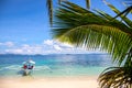 Green palm leaf and white beach on sunny day. Tropical island paradise photo. Turquoise blue sea water Royalty Free Stock Photo