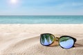 Green palm leaves reflecting in sunglasses on beach near ocean