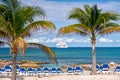 Green palm trees on sandy beach coastline near ocean Royalty Free Stock Photo