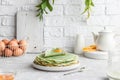 Green pancakes with matcha tea and mango jam Royalty Free Stock Photo