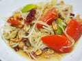 Green papaya salad with tomato chilli and garlic, add shrimps Serve with vegetables on the table, Thai food Taste sour sweet spicy Royalty Free Stock Photo