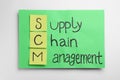 Green paper with abbreviation SCM Supply Chain Management on white background, top view