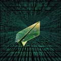 Green paper airplane flies through a digital tunnel of binary code with a light background and a sense of motion Royalty Free Stock Photo