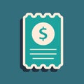 Green Paper check and financial check icon isolated on green background. Paper print check, shop receipt or bill. Long Royalty Free Stock Photo