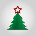Green paper Christmas tree witn red star on gray background. Design elements for holiday cards. Vector Illustration Royalty Free Stock Photo