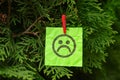 Green paper note with a sad face hanging on a tree Royalty Free Stock Photo