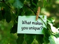 A green paper note with words What Makes You Unique? hanging on a tree branch