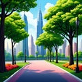 A green park in a city, with skycrapers view, trees, flowers, street, sky and clouds, background, vector art, soft colors