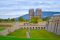 Green park with city walls city citadel of Pamplona, Spain.