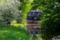 Green park with ponds and old water mill in central part of Eindhoven city, North Brabant, Netherlands in spring time