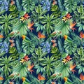 Green parrot. Floral tropical seamless pattern with palm leaves. Jungle botanical watercolor illustrations