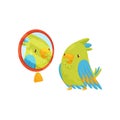 Green parrot looking at yourself in the mirror. Bird with bright feathers. Cartoon character. Flat vector icon
