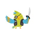 Green parrot in pirate costume. Cartoon character wearing eye patch and vest. Funny bird with saber. Flat vector icon Royalty Free Stock Photo