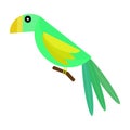 Green parrot sitting on branch isolated on white background. Bright bird clip art. Colorful exotic vector illustration Royalty Free Stock Photo