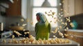 A Playful Parrot and Popcorn Explosion in the Kitchen Royalty Free Stock Photo
