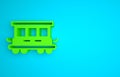 Green Passenger train cars toy icon isolated on blue background. Railway carriage. Minimalism concept. 3D render