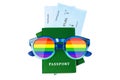 Green passport, airplane boarding pass, flight ticket, LGBTQ sunglasses, rainbow glasses, LGBT people summer holidays, vacation