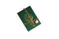 Green passport wrapped in a chain with a golden lock on a white background.