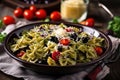 Green Pasta with Cherry Tomatoes, Olives, and a Ringlet