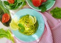 Green pasta with vegetables. Italian dish. Food art. Restaurant menu. Dinner time. Creative dish. Royalty Free Stock Photo
