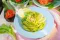 Green pasta with vegetables. Restaurant menu. Food art. Creative dish. Boiled food. Royalty Free Stock Photo