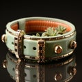 Green Patent Leather Bone Collar With Brass Buckles And Green Succulent