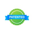Green patented label on blue ribbon on white background. Vector stock illustration Royalty Free Stock Photo