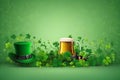 Green Patrick Day greeting banner with green clovers, beer mug, hat Royalty Free Stock Photo