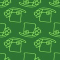 Vector seamless pattern hat top hat with clover green outline on a darker green background for a square format St. patrick`s day Royalty Free Stock Photo