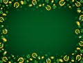 Green Patrick`s Day background with frame with golden horseshoes and clovers. Patrick`s Day design. Seamless Pattern. Can be use