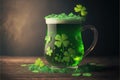 Green Patrick's day beer with many shamrock on a black background. Generative AI