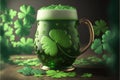 Green Patrick's day beer with many shamrock on a black background. Generative AI