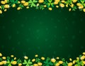 Green Patricks Day background with frame of golden coins and clover. Patrick`s Day design. Greetings card. Can be used for Royalty Free Stock Photo