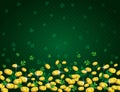 Green Patricks Day background with of golden coins and clover. Patrick`s Day design. Greetings card. Can be used for wallpaper,