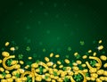 Green Patricks Day background with golden horseshoe, coins and clover. Patrick`s Day design. Greetings card. Can be used for