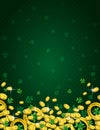 Green Patricks Day background with golden horseshoe, coins and clover. Patrick's Day design. Greetings card. Can be used for Royalty Free Stock Photo
