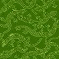 Green pattern featuring stylized lizards with detailed, white outlines and intricate Royalty Free Stock Photo