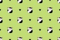 Green pattern with hearts and cows. Squishmallow. Repeatable background with cows. Kawaii, Vector Royalty Free Stock Photo