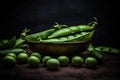 Green pea pods in a cup on a dark background. Royalty Free Stock Photo