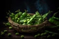 Green pea pods in a cup on a dark background. Royalty Free Stock Photo